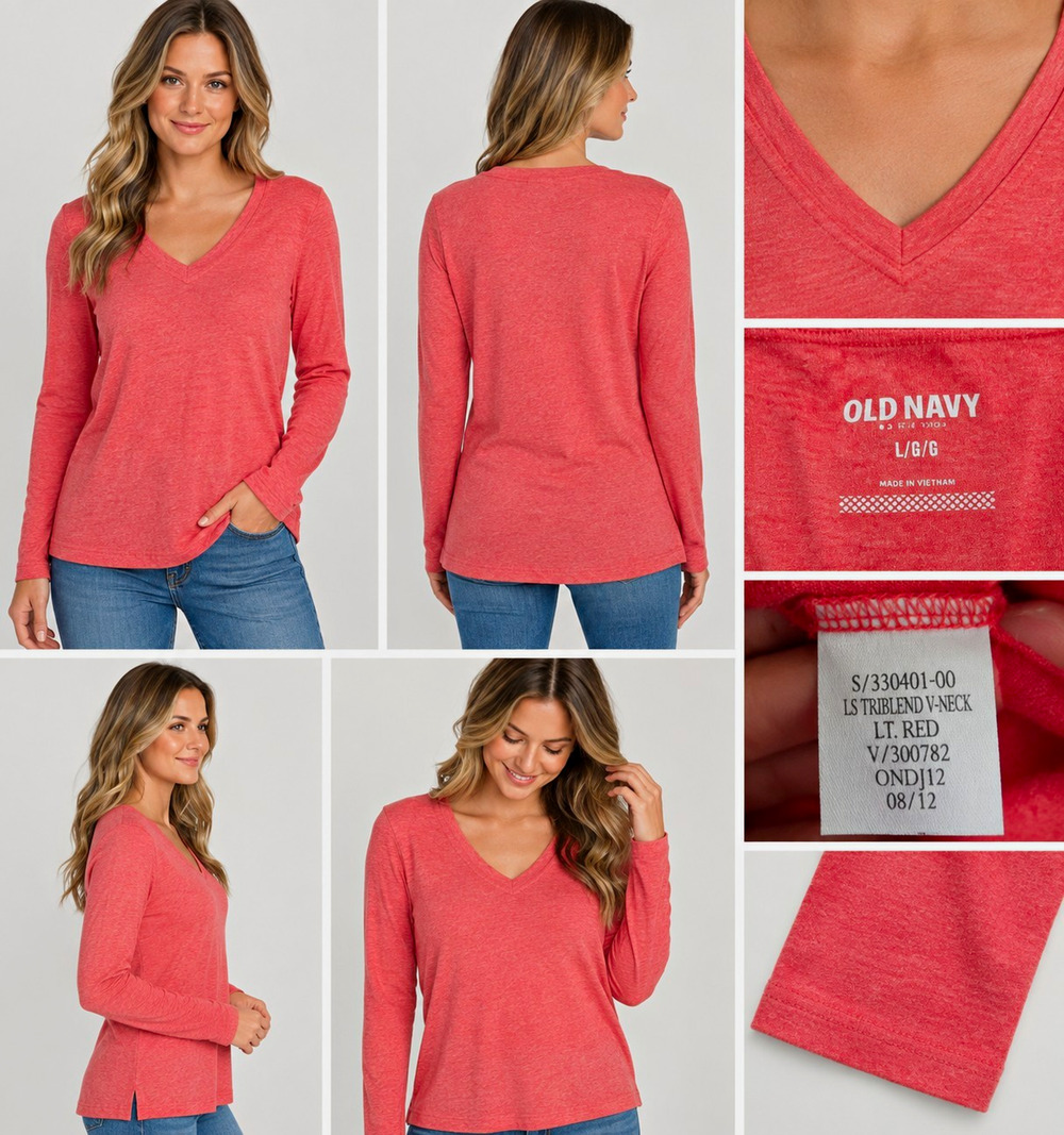 Old Navy Women’s Large Red Triblend V-Neck Long Sleeve Shirt Lightweight Casual